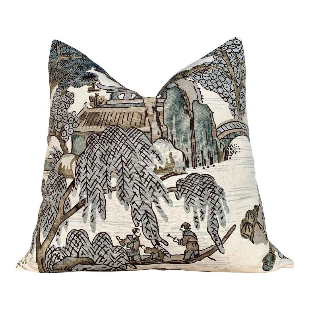 Thibaut asian Scenic Pillow in Gray. Chinoiserie Lumbar Decorative Pillow in Gray, Designer Pillo... | Etsy (US)