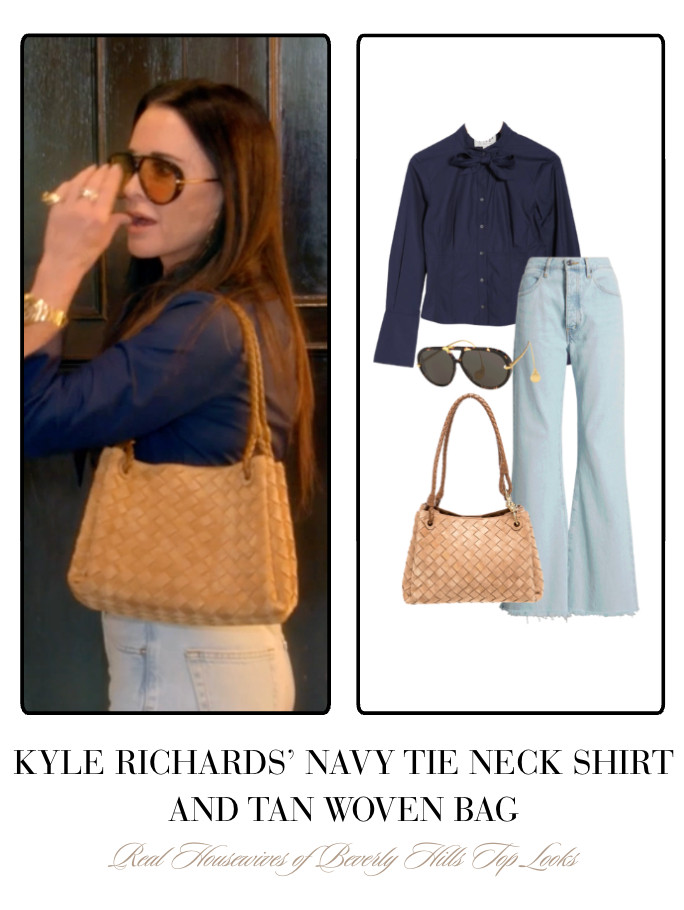 Kyle Richards' Navy Tie Neck Shirt and Tan Woven Bag  

 