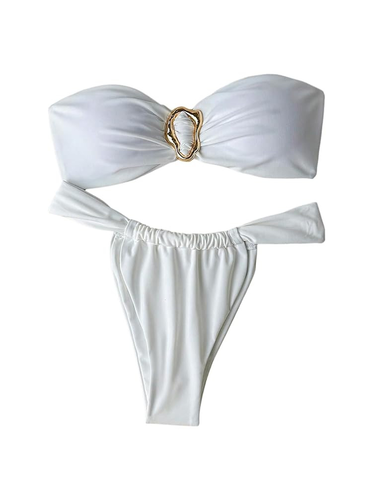 MakeMeChic Women's Bikini Sets Ring Bandeau Ruched Tie Back Thongs Bathing Suits | Amazon (US)