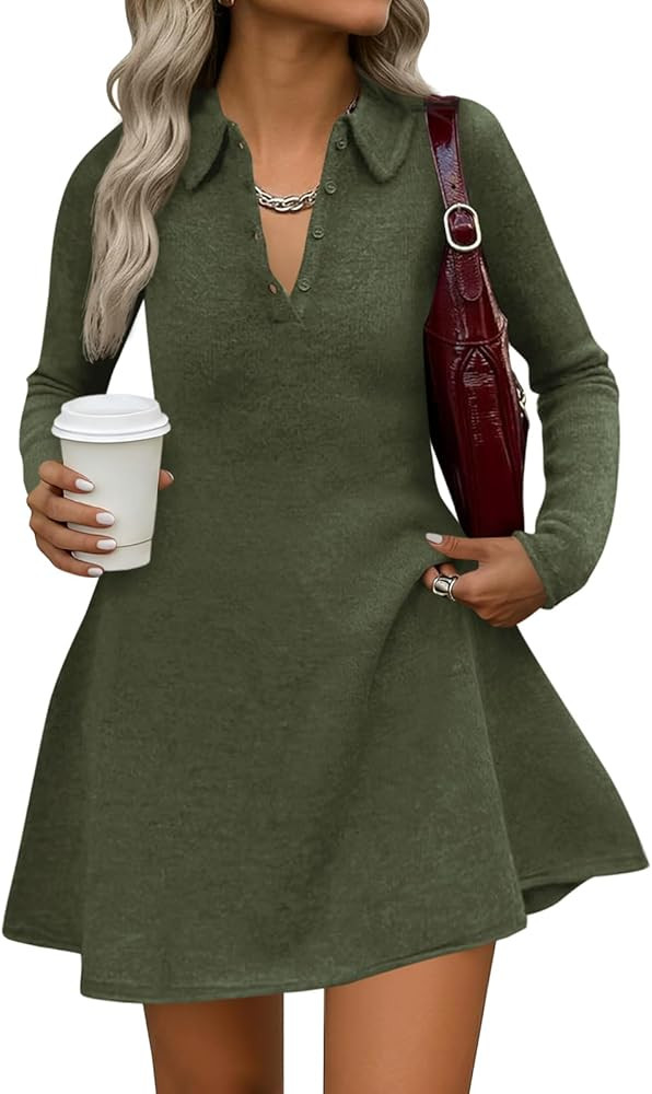 Saodimallsu Womens Sweater Dress 2025 Fall Polo Collared Long Sleeve Button V Neck A line Preppy ... | Amazon (US)
