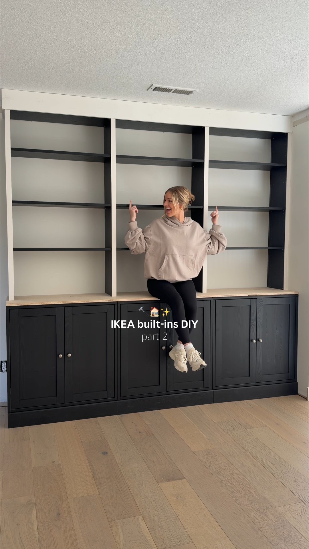 DIY Ikea built-ins:

We used: 
3 IKEA Havsta cabinets for lowers, 
a 3/4” finished plywood top, 
and 3 standard Billy bookcases (cut down to fit our 8ft ceilings). 

Next we secured the pieces to one another, anchored the shelves to studs in the wall, and trimmed everything out using a 1x6 header (+ crown molding) and 1-1/2” primed pine lattice molding. 

Now we’re filling holes with DAP wood filler and caulking all the seams! Don’t skip this step- this is the detailing that makes IKEA look $$$! 
I’m using a 220 grit sand sponge before applying my favorite Zinsser primer.


BE SURE TO CHECK OUT MY IKEA BUILT-INS IG HIGHLIGHT FOR MORE DETAILS 🤍

#LTKHome