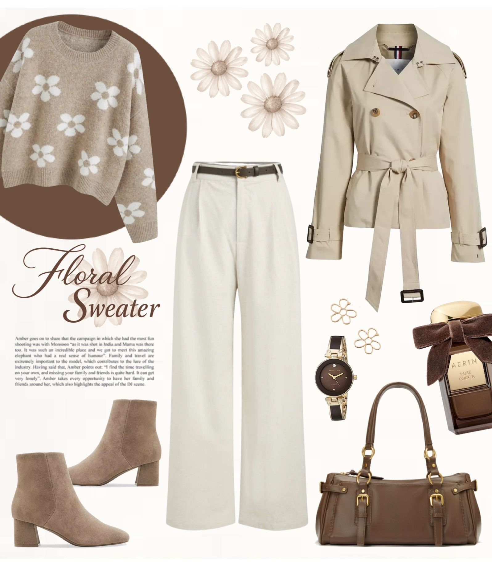 Soft neutral spring outfit built around a beige floral sweater with white daisy pattern, styled with cream wide-leg trousers, a brown leather belt, and a beige belted trench jacket for a polished layered look. Finished with taupe suede ankle boots, a brown leather handbag, and a gold watch with brown strap for a warm neutral palette that feels effortless and elegant.

#springoutfit #neutralstyle #effortlessfashion

#LTKOver40 #LTKSeasonal #LTKootd