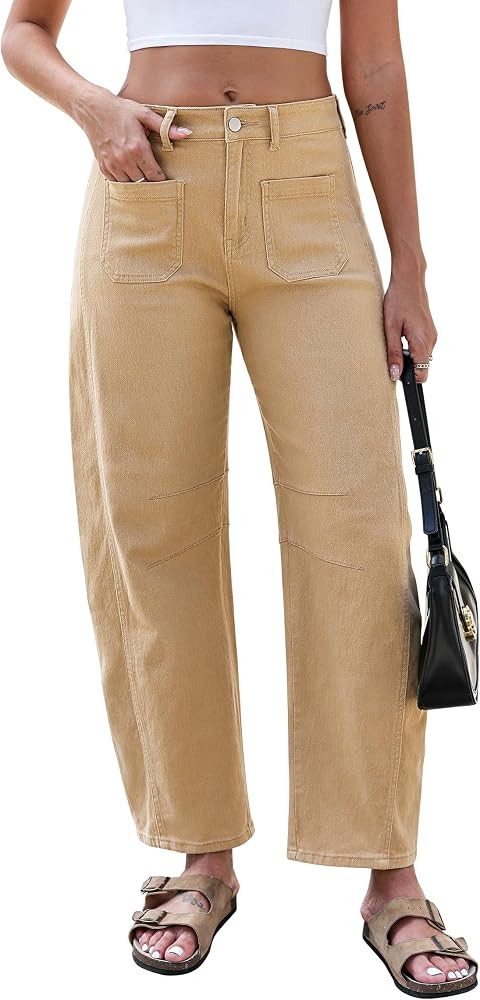 Eddoyee Wide Leg Barrel Pants Women - Stretchy High Waist Baggy Pants Y2k Boyfriend Ankle Trouser... | Amazon (US)