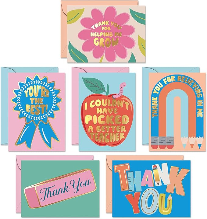 S&O Set of 24 School Teacher Appreciation Cards - 6 Assorted Thank You Notes - Cute Thanks Messag... | Amazon (US)