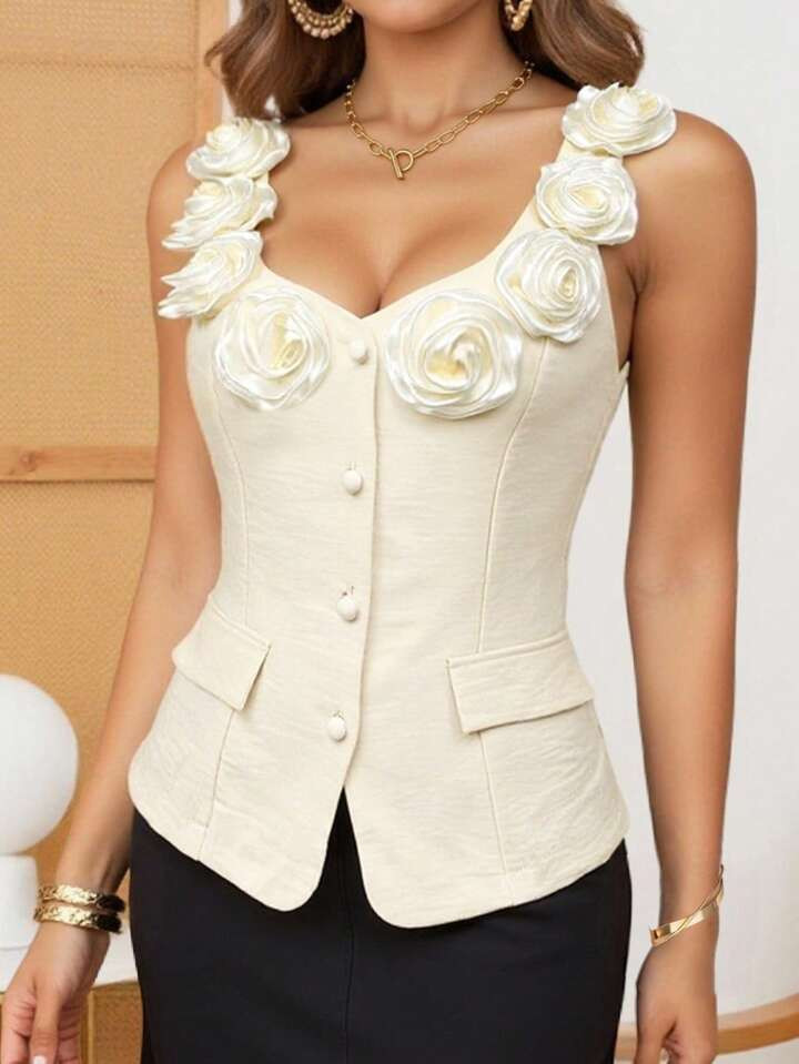 SHEIN LUNE Women's Elegant Solid Color 3D Floral Decor Front Button Sexy Club Tank Top | SHEIN