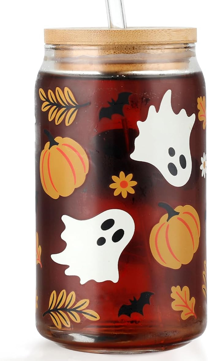 Halloween Glass Cup, 16oz Ghost Iced Coffee Cups with Lids and Straws, Fall Cute Pumpkin Drinking... | Amazon (US)