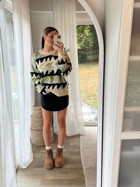 Cozy sweater, black mini skirt, platform uggs outfit 

Wearing a large in the sweater & XS in the skirt! 

#LTKstyletip #LTKshoecrush #LTKunder50