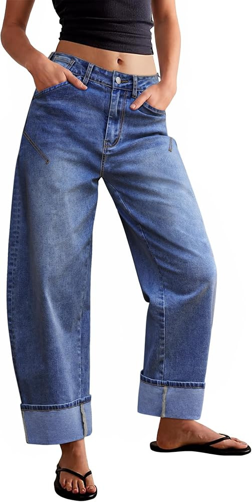 IWD Womens Barrel Jeans Wide Leg Cuffed Baggy Denim Pants | Amazon (US)