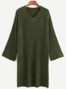 Army Green V Neck Dropped Shoulder Seam Sweater Dress | Romwe