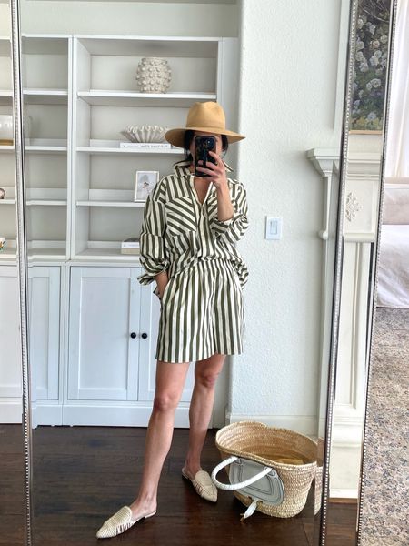 Olive striped matching set. I love the crisp poplin. The shorts run big. I’m wearing an XS. I have a small on in the button down shirt.

Packable sun hat in a medium by Janessa Leone.

Spring outfit 
Summer travel outfit 
Travel hat
Matching set

#LTKover40 #LTKtravel #LTKSeasonal