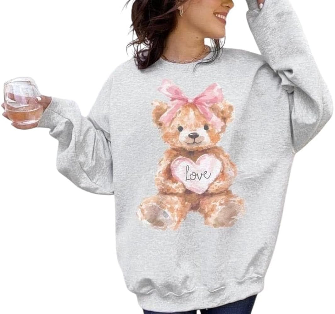 Cute Bear Valentine Sweatshirt for Women, Cozy Love Heart Pullover, Aesthetic Graphic Crewneck Gi... | Amazon (US)