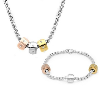 Steeltime Tri-color Charms with Crystals Bracelet & Necklace Set (18k Yellow Gold plated / 18k Rose Gold Plated / Stainless Steel) | Target
