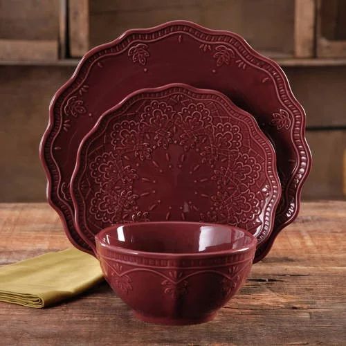 The Pioneer Woman Farmhouse Lace 12-Piece Dinnerware Set, Claret - Walmart.com | Walmart (US)