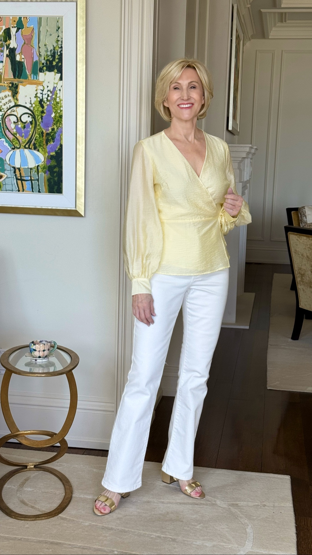This outfit just feels like sunshine in clothing ☀️ I paired a yellow wrap shirt from Macy’s with white wide leg jeans and gold block heels for an easy look that feels equal parts polished and fun. I’ve been loving bright colors lately, and this shade of yellow instantly puts me in a good mood 💛

#LTKgrwm #LTKSeasonal #LTKOver40