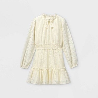 Girls' Lace Smock Waist Long Sleeve Dress - art class™ Ivory | Target