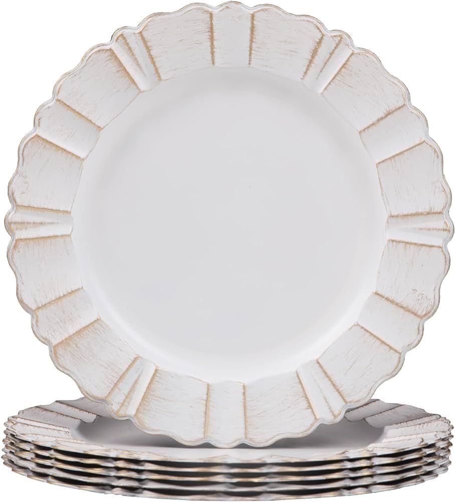 MAONAME 13" White Charger Plates, Antique Plate Chargers with Wipe Gold Waved Scalloped Rim, Plas... | Amazon (US)