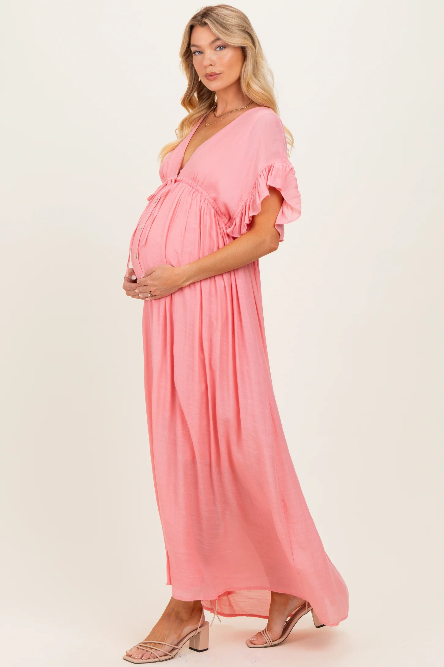 Pink Button Down Deep V-Neck Maternity Maxi Dress | PinkBlush Maternity