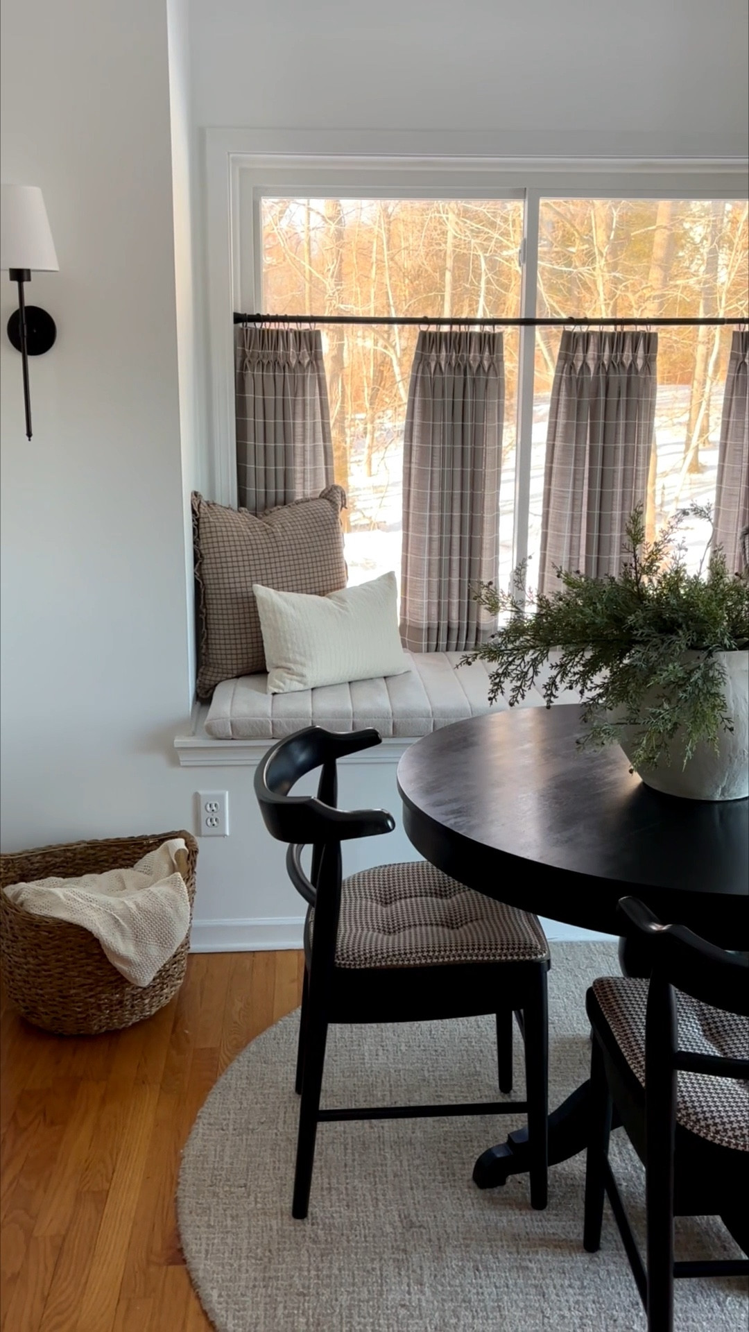 Breakfast nook details, breakfast nook styling, breakfast nook ideas, black round table, dining table, wall sconces, window curtains, plaid curtains, cafe curtains, window seat, black dining chairs, dining room lighting, breakfast nook lighting 

#LTKFindsUnder100 #LTKSaleAlert #LTKHome