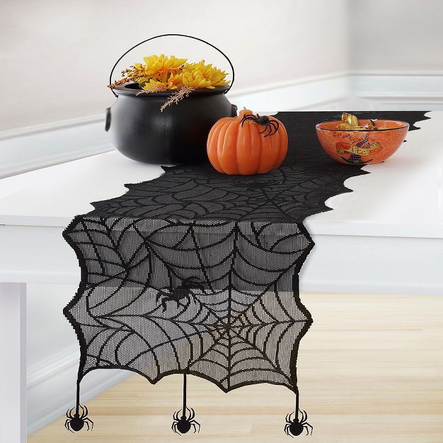 Crawling Halloween Spider Lace Table Runner - 13" x 70" - Black - Elrene Home Fashions | Target