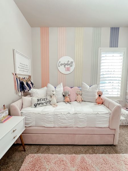 Daughters bedroom. Daybed. Bundle bed. Pink upholstered bed. Beddys bedding their charlotte. Peel and stick wallpaper. Kids bedroom. Toddler bedroom. #girlsroom #girlsbedroom #girlsbedding 

#LTKkids #LTKfamily #LTKhome