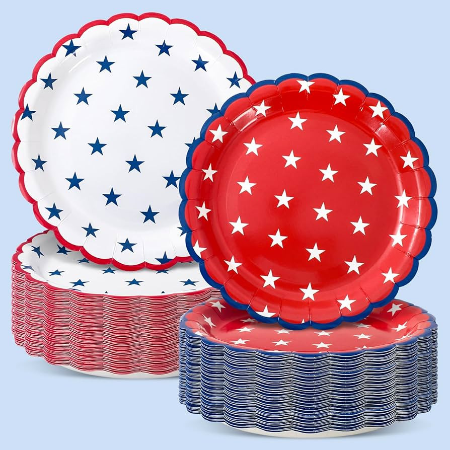 JarThenaAMCS 50 Pcs Patriotic Paper Plates Disposable Plates Red White Blue Star Scalloped Decora... | Amazon (US)