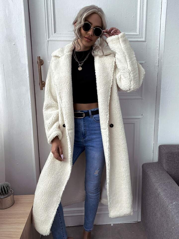 SHEIN Essnce Double Button Lapel Collar Teddy Coat | SHEIN