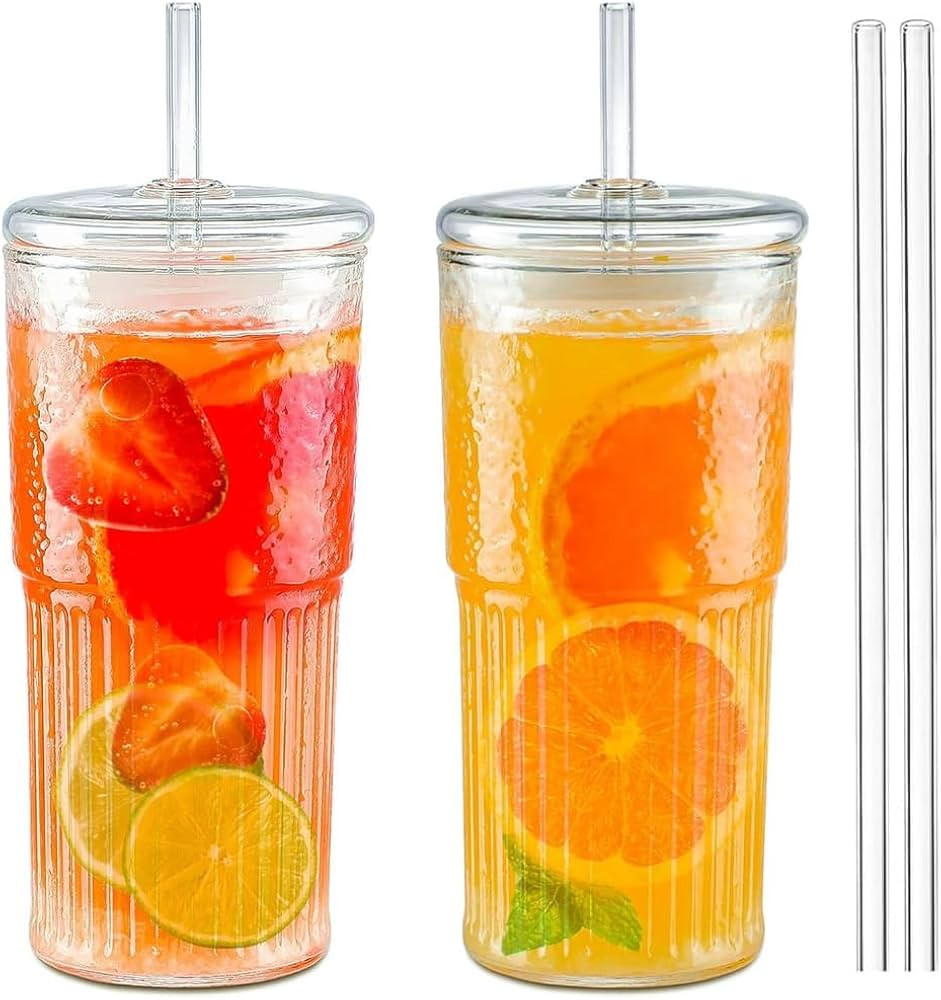 Glass Cups with Lids and Glass Straws, High Borosilicate 20OZ Tumblers (2Pcs) for Coffee, Tea, Ju... | Amazon (US)