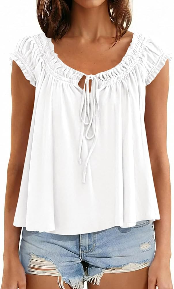 Womens Summer Babydoll Flowy Tank Tops Tie Front Ruffle Cap Sleeve Blouses Cute Going Out Dressy Shirts | Amazon (US)