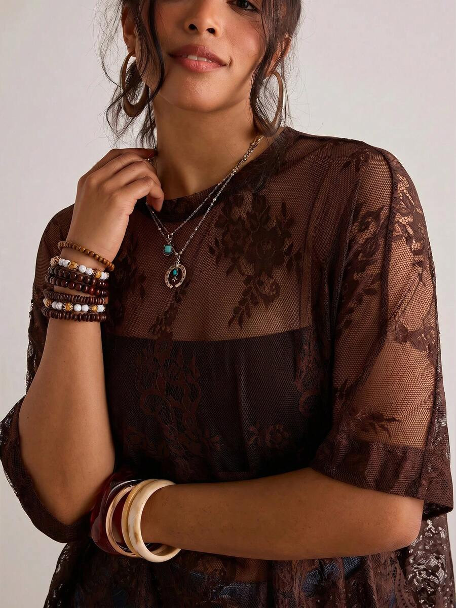 Freevana Plus Size Women Sheer Lace Blouse, Versatile Carnival Concert Party Beach Brown Summer S... | SHEIN