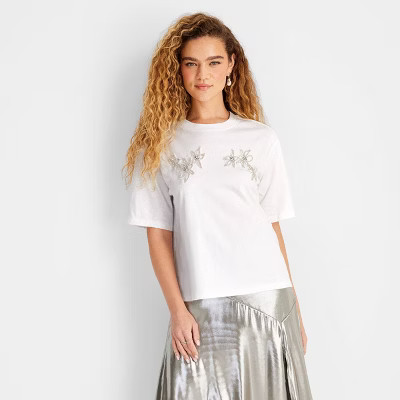 Women's Short Sleeve Embellished T-Shirt - Future Collective White Floral | Target