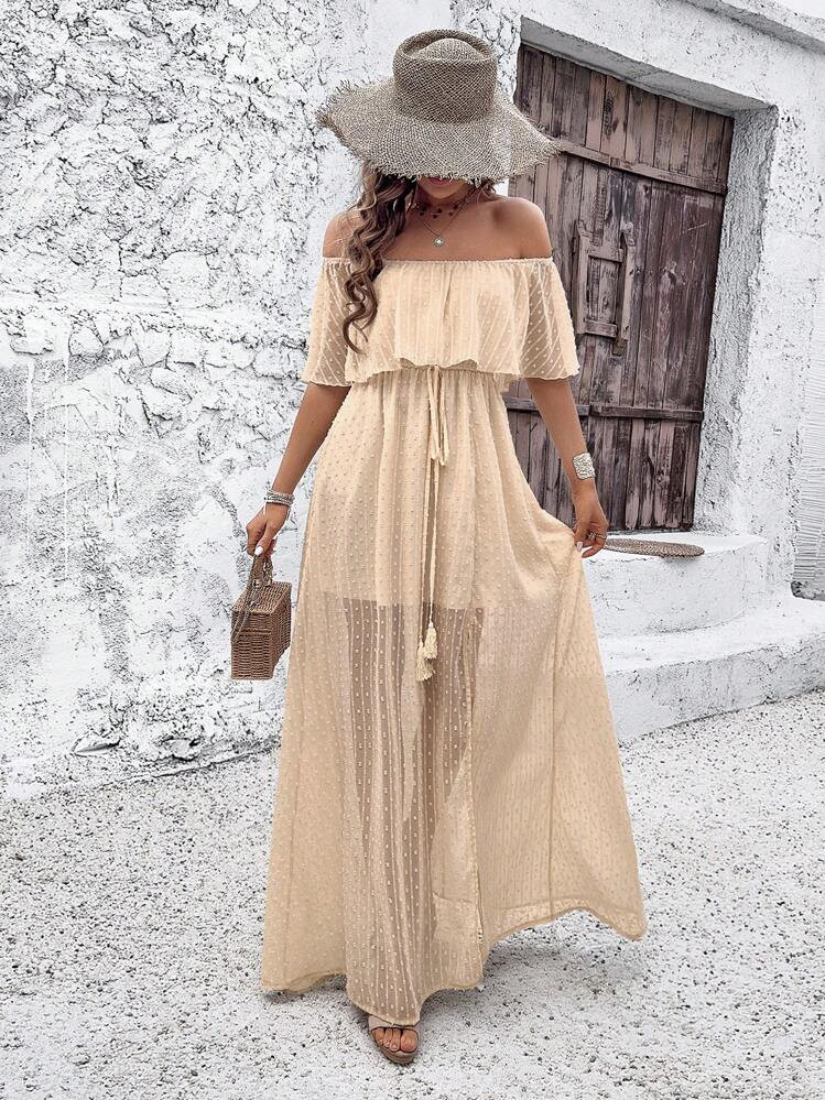 Breezaya Women's Off Shoulder Swiss Polka Dot High Slit Dress Maxi Vacation Beach Outfit | SHEIN