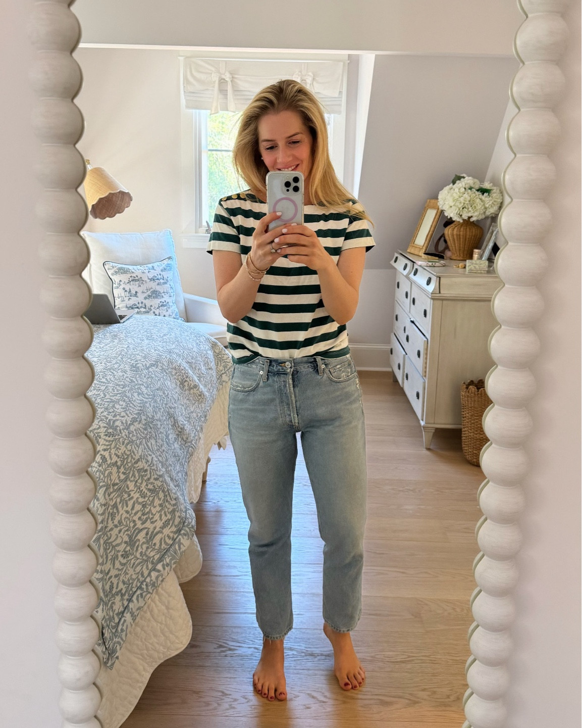 OOTD fall stripes, greeen and white, light jeans, classic denim 

#LTKStyleTip #LTKFindsUnder50