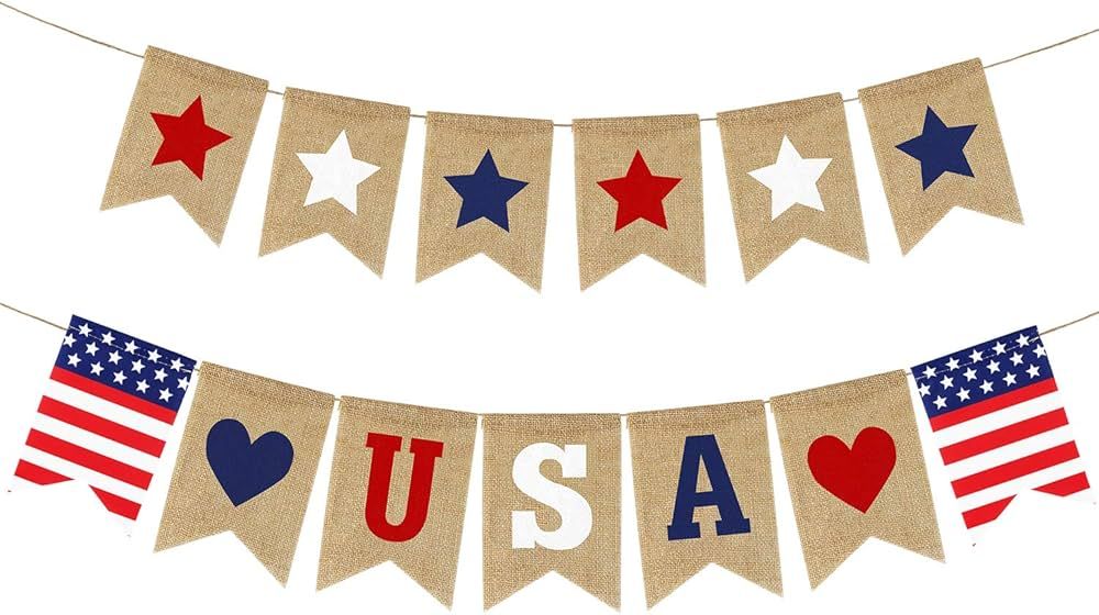 USA Banner Burlap 4th of July Decorations Rustic Patriotic Banner Red White Blue Stars Bunting Ga... | Amazon (US)