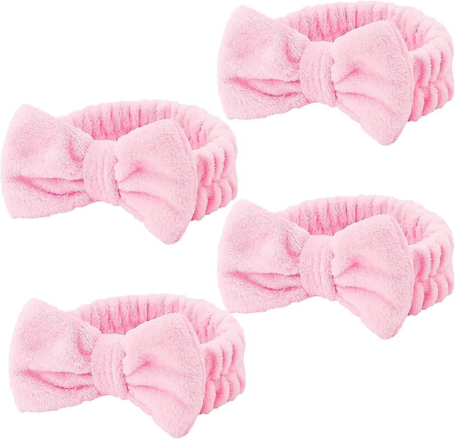 Casoty 4 Pcs Pink Spa Headband, Make Up Essentials for Women, Soft Coral Fleece Face Wash Headban... | Amazon (US)