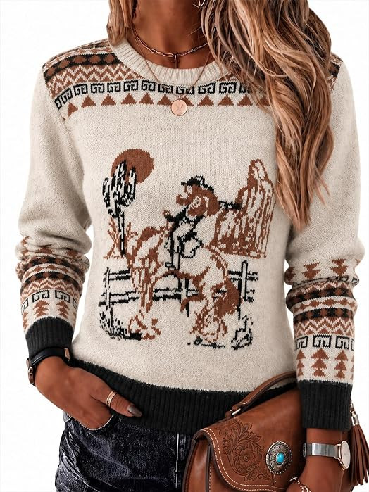 Womens Western Cowgirl Sweater Vintage Horse Print Pullover Sweaters | Amazon (US)