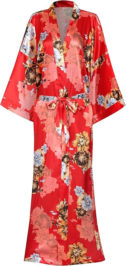 Women's Long Floral Satin Kimono Robes Bridal Dressing Gown Wedding Bridesmaid Nightgown | Amazon (US)