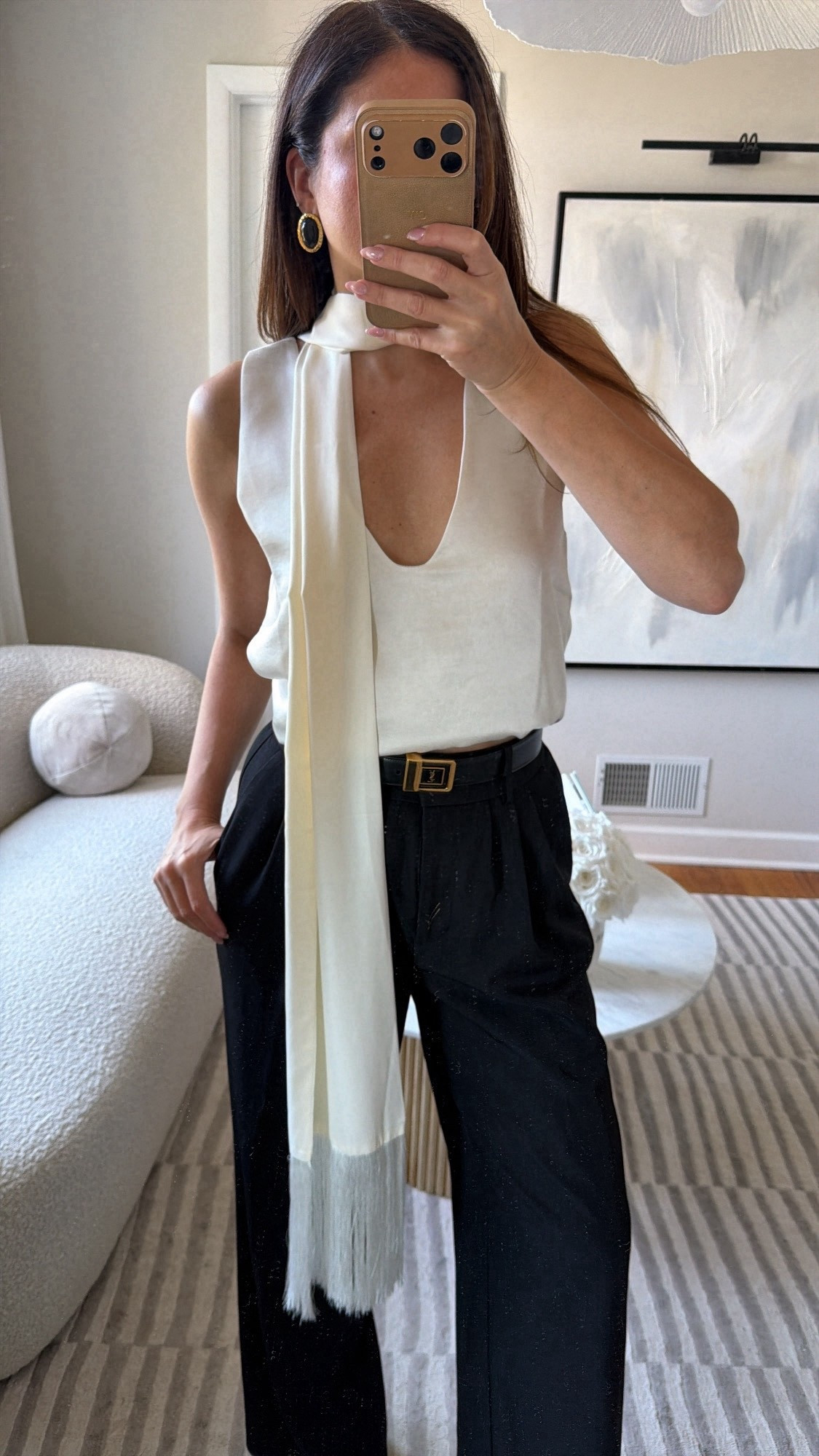 Saint Laurent belt, black oval earrings, white satin plunge neck top, fringe scarf, outfit idea, spring, summer, work, classy, Parisian style.

#LTKSaleAlert #LTKootd