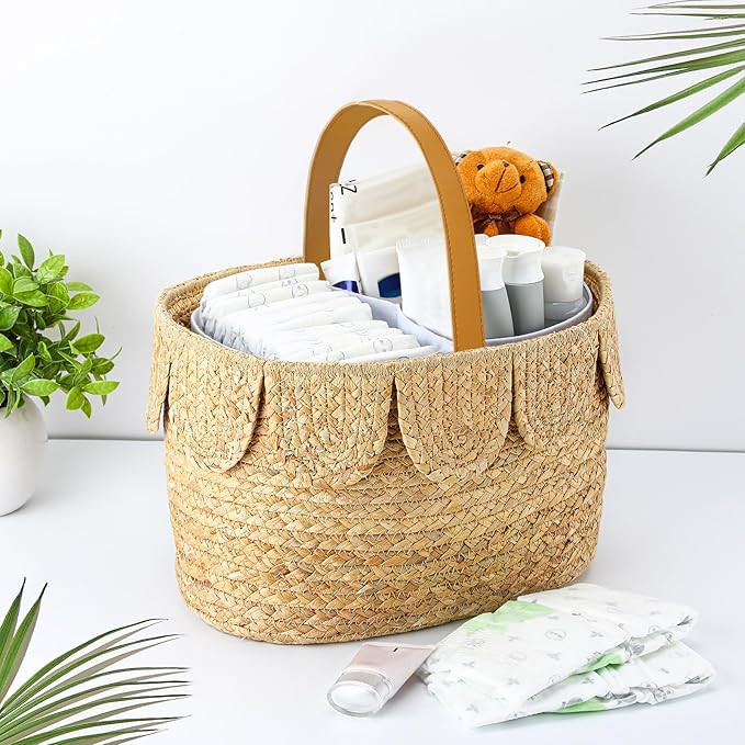Baby Diaper Caddy Organizer Scalloped Rattan Basket with Handle Wicker Woven Scalloped Diaper Cad... | Amazon (US)