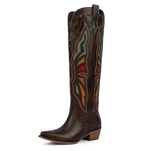 Modatope Chocolate Cowgirl Boots Women Knee High Chunky Heel Butterfly Cowboy Boots for Women Wide Calf Block Heel Pointed Toe Side Zipper Western Boot Size 7.5 | Amazon (US)