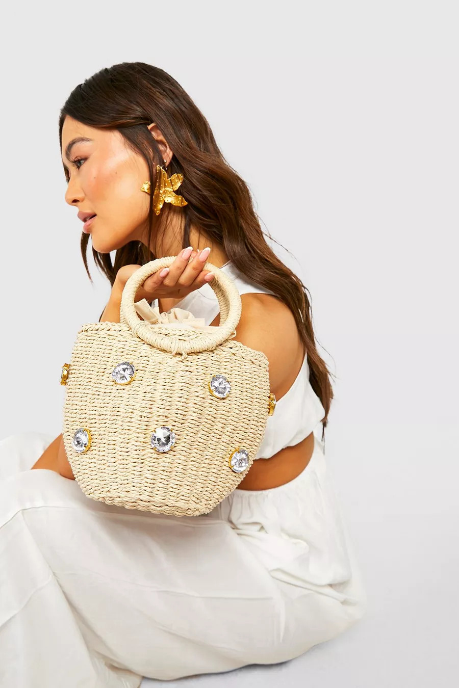 Sac seau strassé en paille | Boohoo.com (FR)