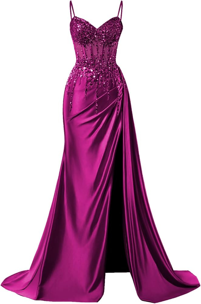 Amazon.com: zsweof Satin Prom Dress for Women Beaded Evening Party Gown V Neck Formal Dresses Fuchsia Size 4 : Clothing, Shoes & Jewelry | Amazon (US)