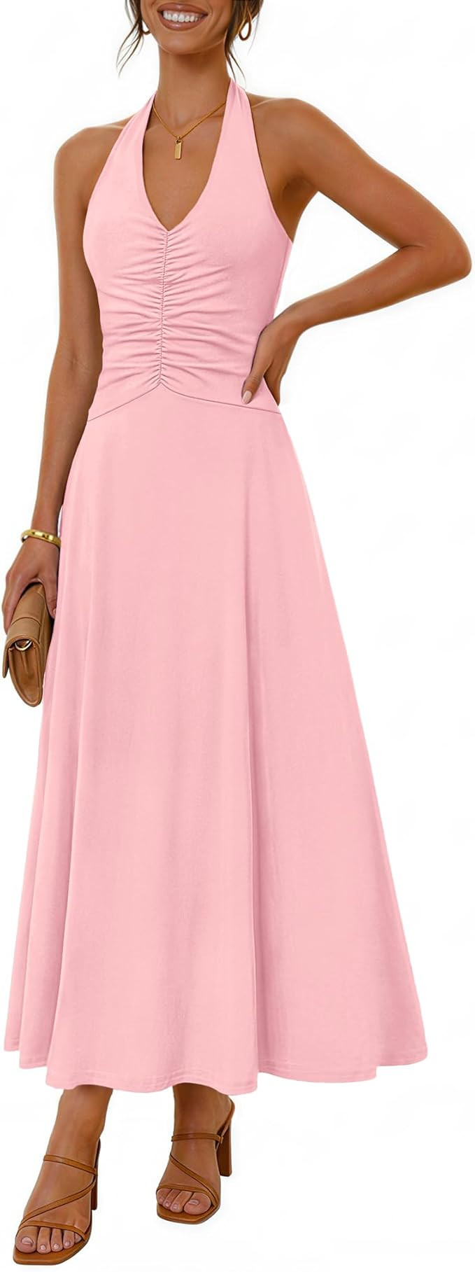 Amazon.com: MEROKEETY Women's Formal Halter Maxi Dress 2026 Summer Backless Sleeveless V Neck Ruc... | Amazon (US)