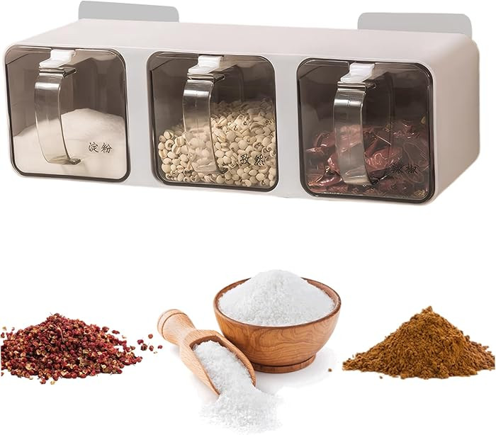Seasoning Box, 3 Grids Clear Seasoning Containers, Adhesive Spice Rack Wall Mount with Handle, St... | Amazon (US)