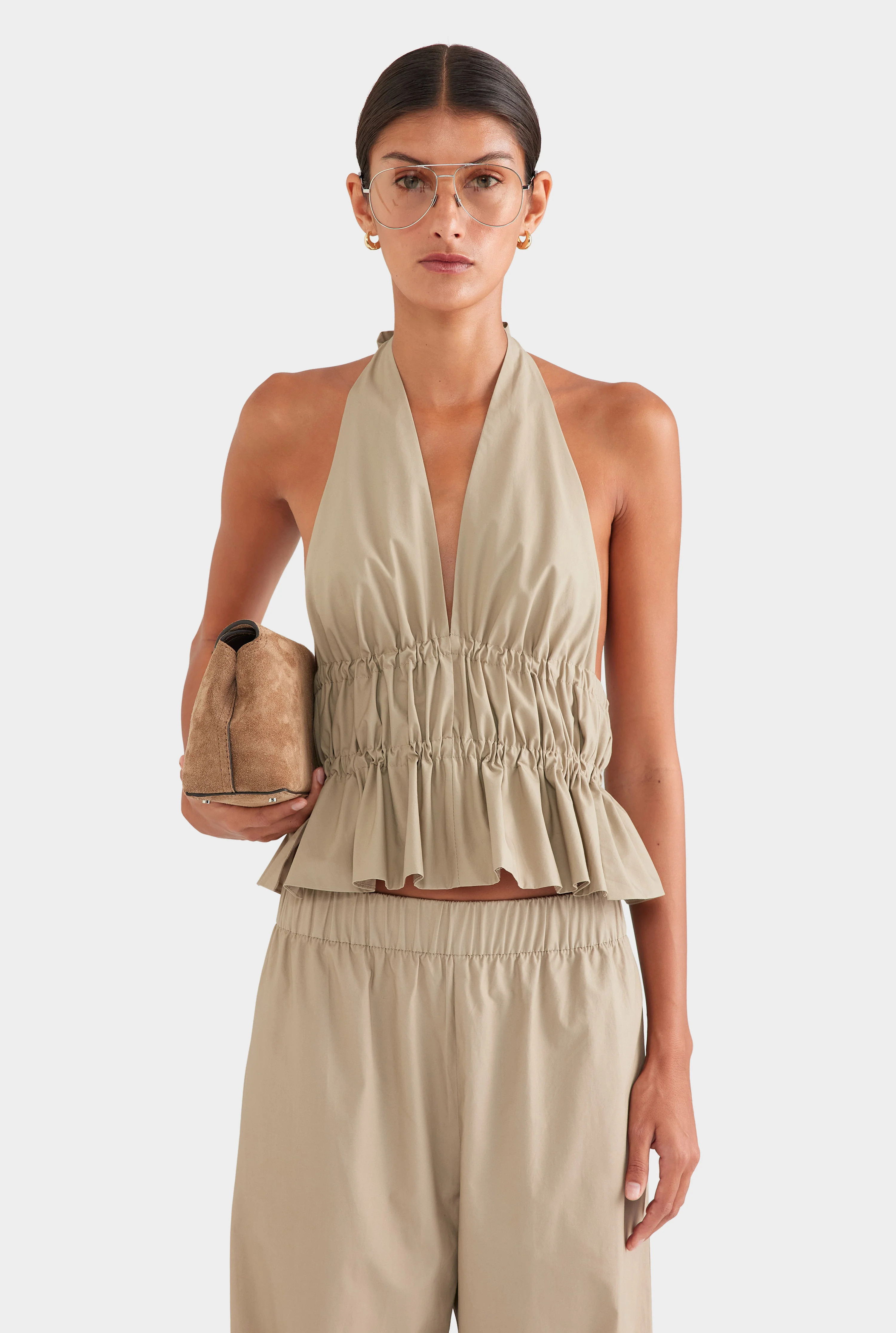 Womens Cotton Poplin Halter Top Pebble | Venroy | Venroy AU