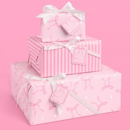 xo, Fetti Pink Bows and Stripes Wrapping Paper + Tag Set - 12 Sheets | Girly Birthday Gift Wrap, Decorative Christmas Bag, Bachelorette Party Favor | Amazon (US)