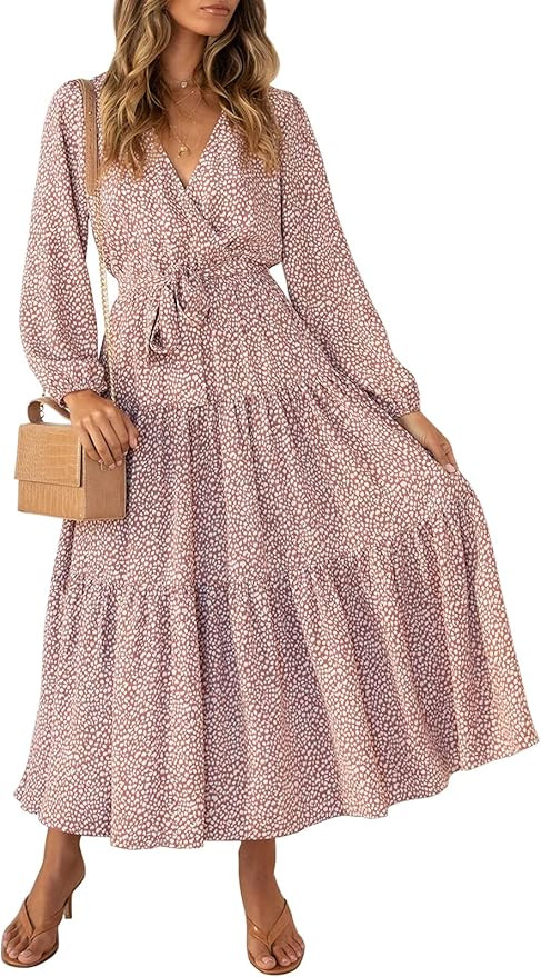 MITILLY Women's Boho Leopard Print Ruffle Long Sleeve V Neck Casual Flowy Party Maxi Dress | Amazon (US)