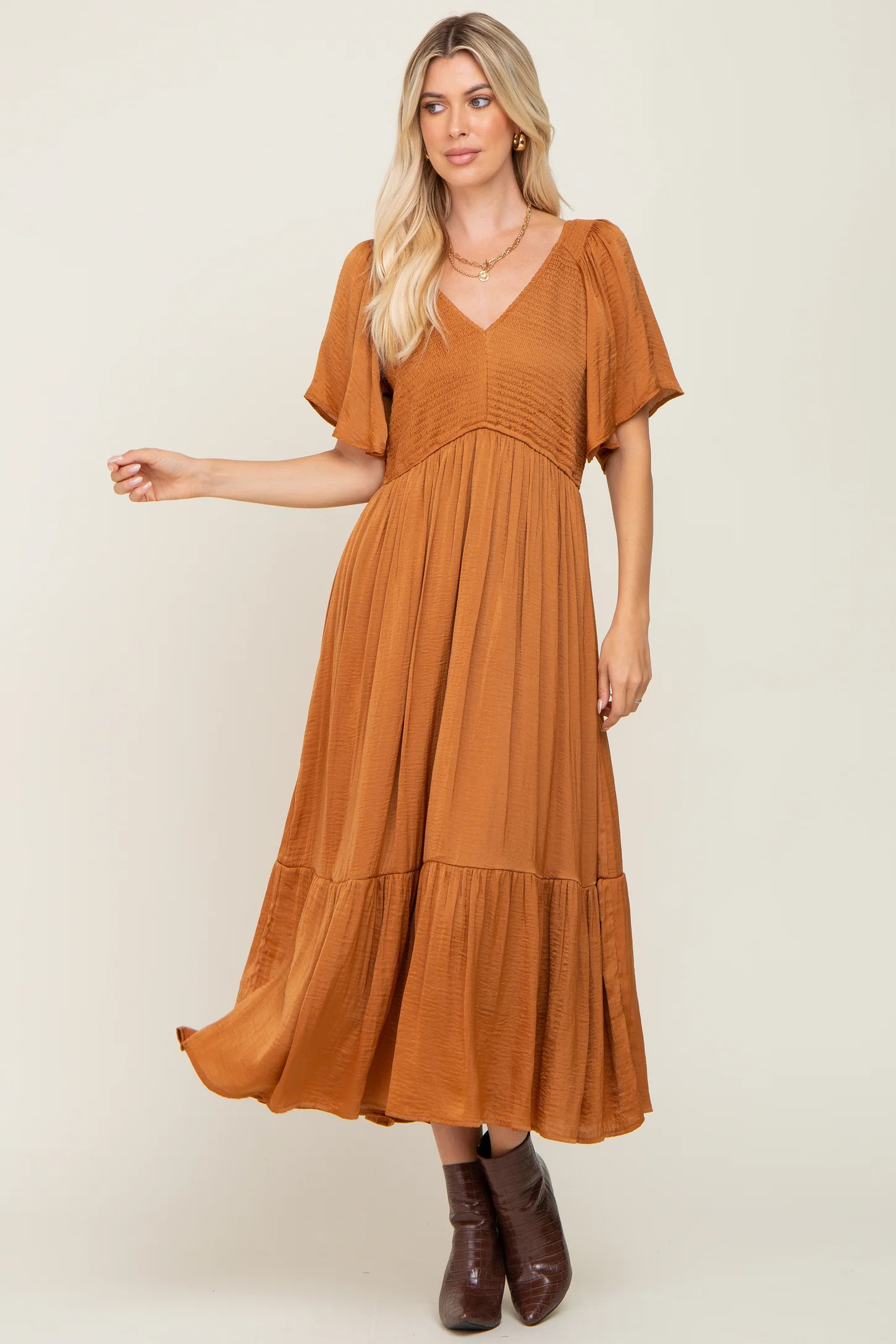 Rust Satin Smocked Midi Dress | PinkBlush Maternity