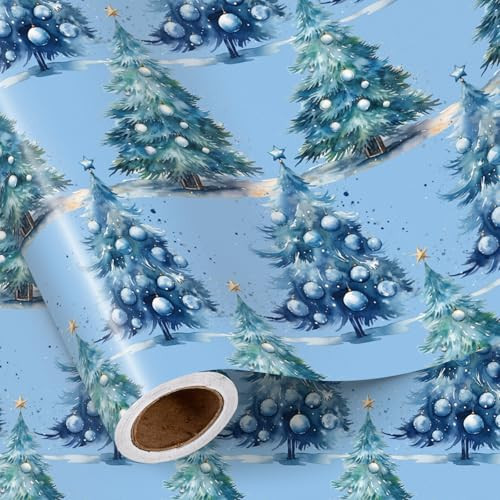 RUSPEPA Blue Christmas Tree Wrapping Paper Roll, Mini Roll, Watercolor Holiday Tree with Ornaments and Snowy Design, Vintage Elegant Gift Wrap Paper for Christmas Party, 17 Inches x 16.4 Feet | Amazon (US)