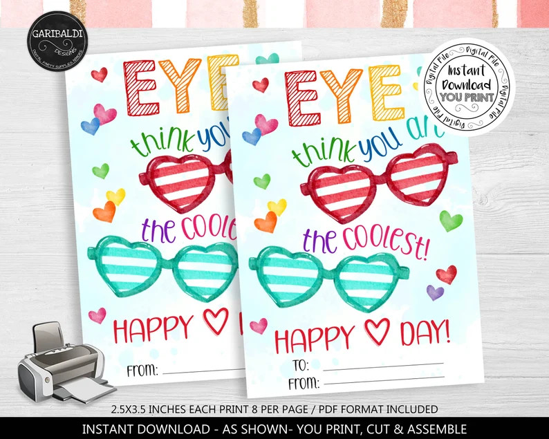 Printable Valentines Glasses Gift Tag Eye Think Your the Coolest Valentine's Day Tag Non Candy Cl... | Etsy (US)