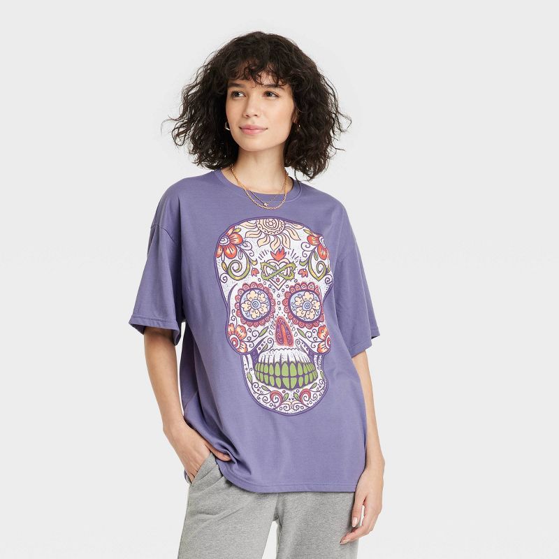 Women's Dia De Los Muertos Sugar Skull Short Sleeve Graphic T-Shirt - Purple | Target